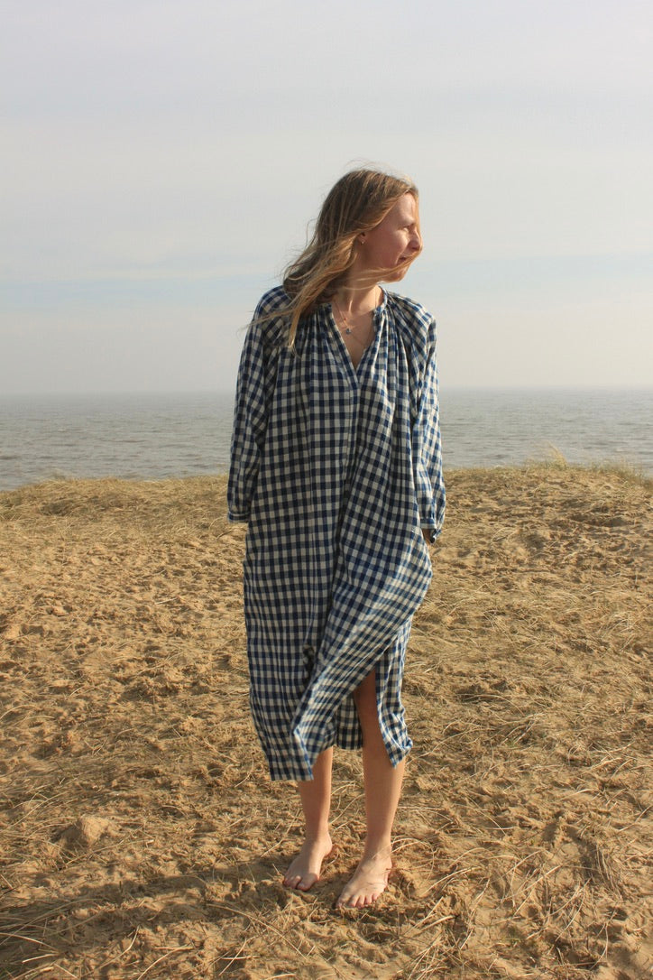 Grace Dress in indigo gingham